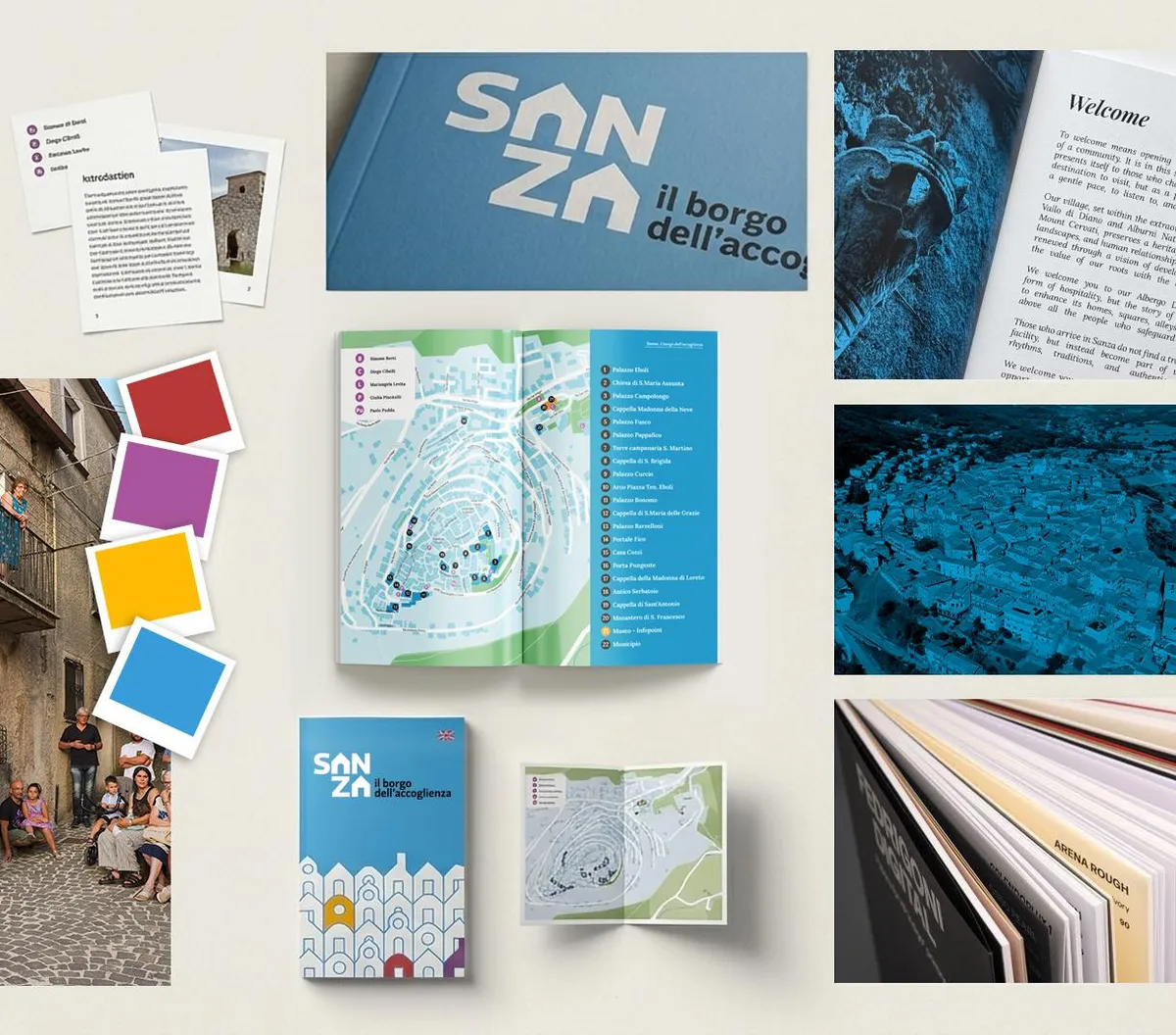 Brochure «Sanza, il borgo dell’accoglienza»: copertina, pagine interne, mappa illustrata e dettagli di stampa